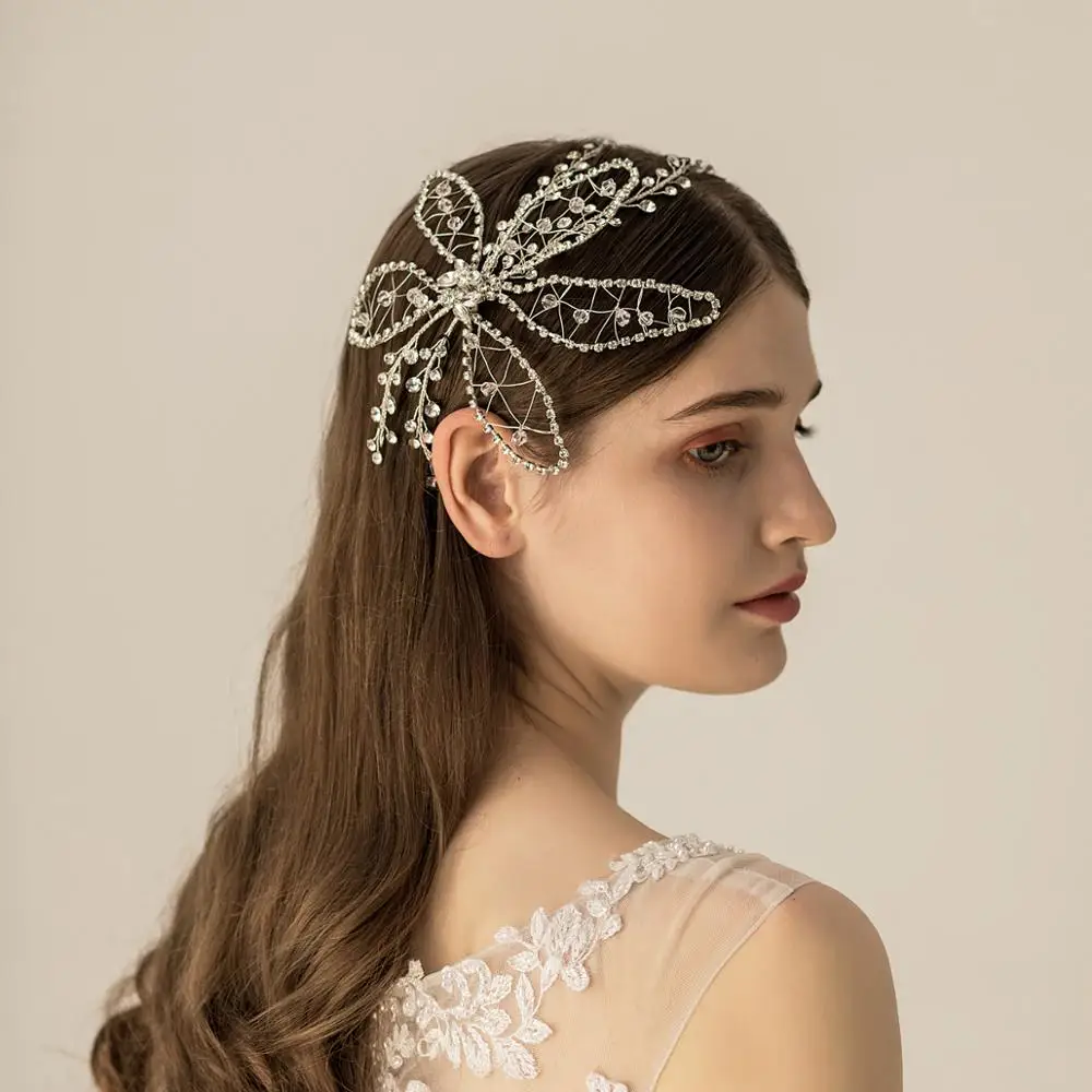 O529 Handgemaakte Crystal Rhinestone Verstelbare Elastische Hoofdband Bruiloft Bruids Haar Accessoires Met Kralen En Geketend Bloemen