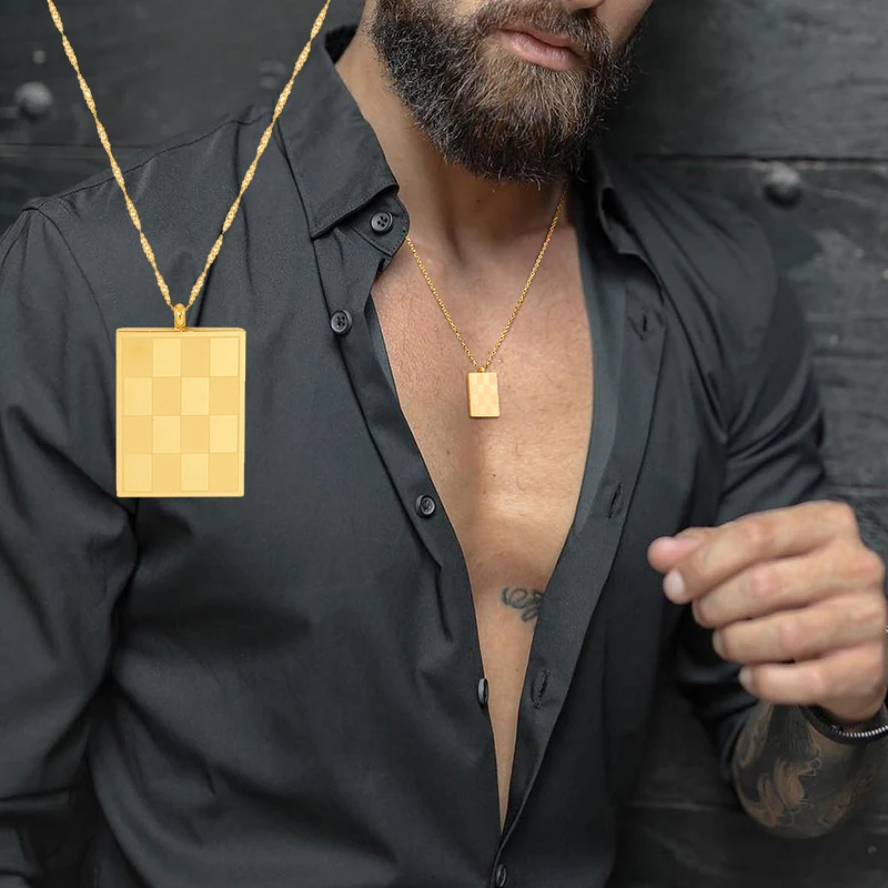 GOLD Color Checkered Necklace Men Women, STAİNLESS STEEL Chess Pendant,Layering Necklace