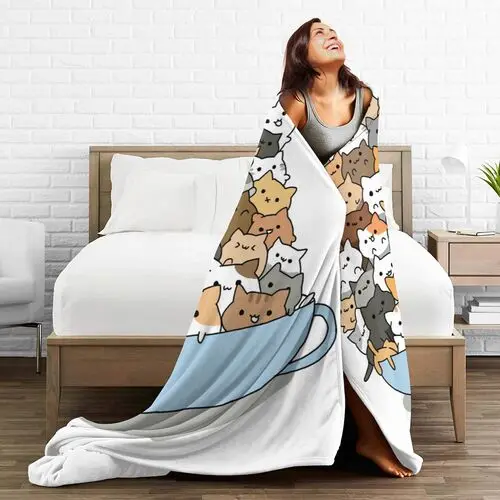 Anime Cat Blanket for Women Girls Cartoon Cats Kitten Sherpa Fleece Blanket Pet Themed Soft Cozy Bed Sofa Blanket for Cat Lovers