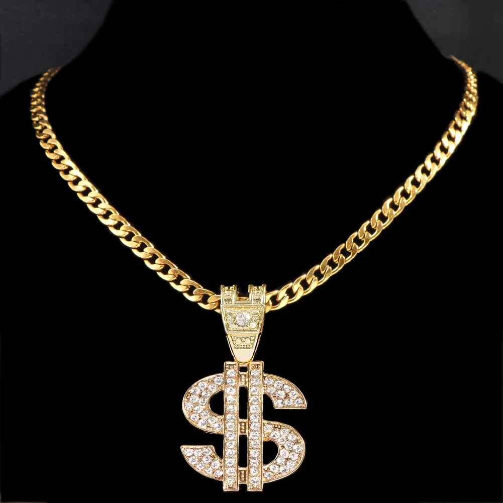 Bling Strass Dollar Anhänger Halskette Für Männer Silber Farbe Iced out 13mm Kubanischen Kette Choker Halsketten Hiphop Rap Rock schmuck – Detail 9