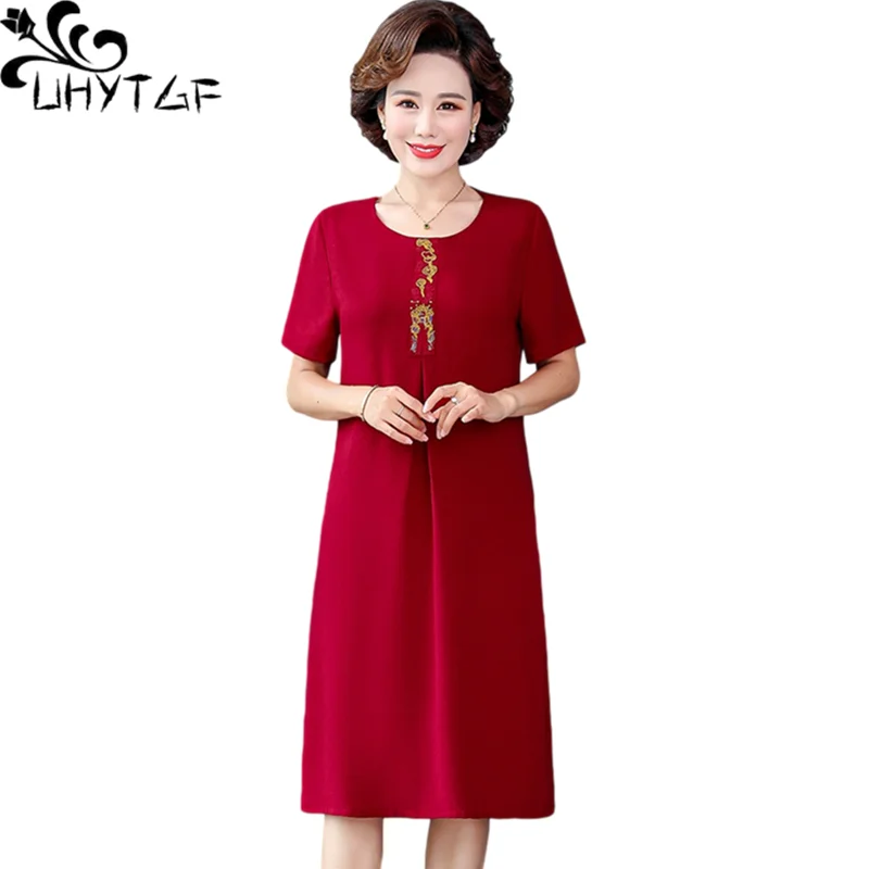 UHYTGF Short Sleeve 5XL Big Size Dresses Women Fashion Embroidered Summer Dress Elegant Mother Casual Thin Clothes Vestidos 1311