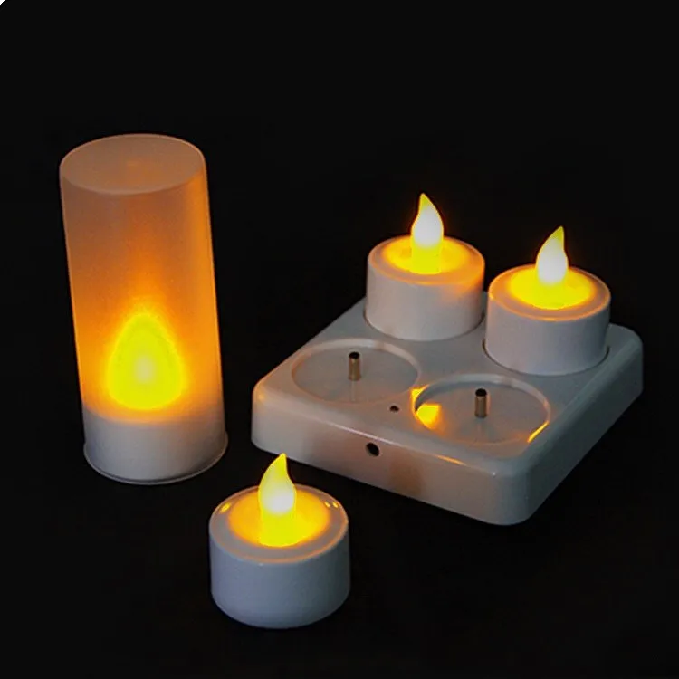 Set of 4 Rechargeable led candle Flameless TeaLight Electric lamp Waxless Valentine Home Wedding Xmas Table decor-AMBER with CUP