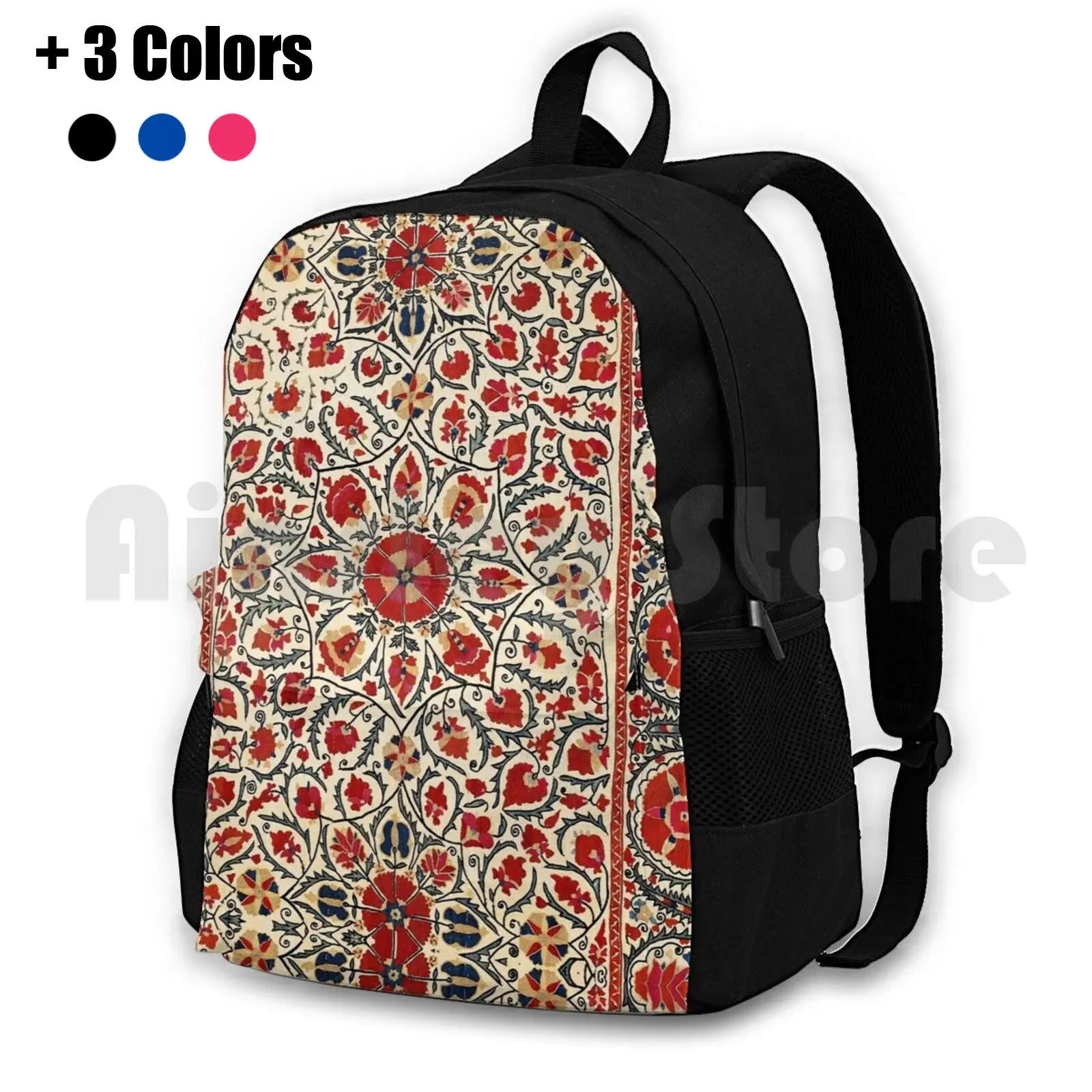 Bokhara Suzani Uzbekistan Colorful Embroidery Print Outdoor Hiking Backpack Waterproof Camping Travel Vintage Vintage Rug