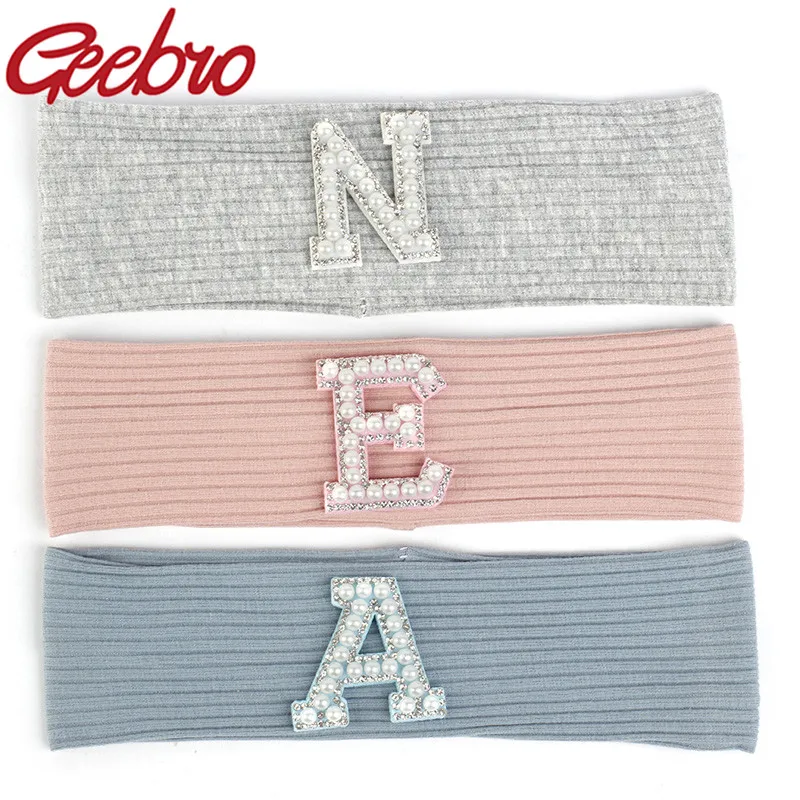 

Geebro Children New Style Pearl Letter Soft Headband Girls Sweat Solid Color Hairband Kids Boy Elastic Flat Fashion Headwrap