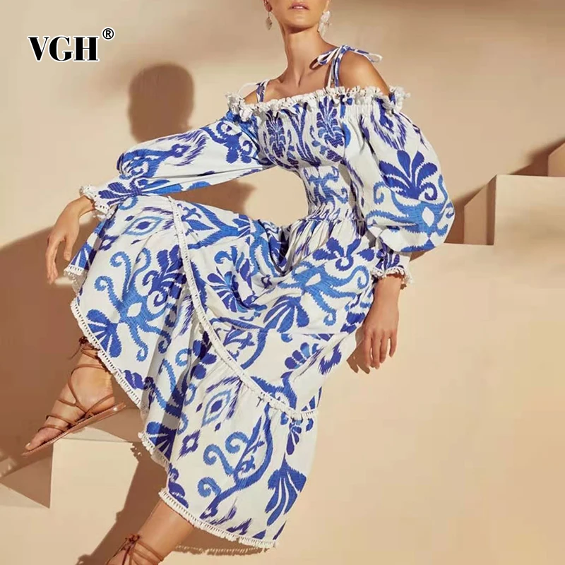 

VGH Bohemian Print Dress For Women Slash Neck Long Sleeve Patchwork Lace Ruched Sling Dresses Female Fashion New Clothing 2022