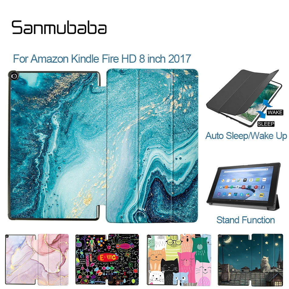 Sanmubaba PU Leather Case For Amazon Kindle Fire HD 8 inch E-Reader 2017 Magnetic Flip Stand Smart Tablet Cover Protective Shell