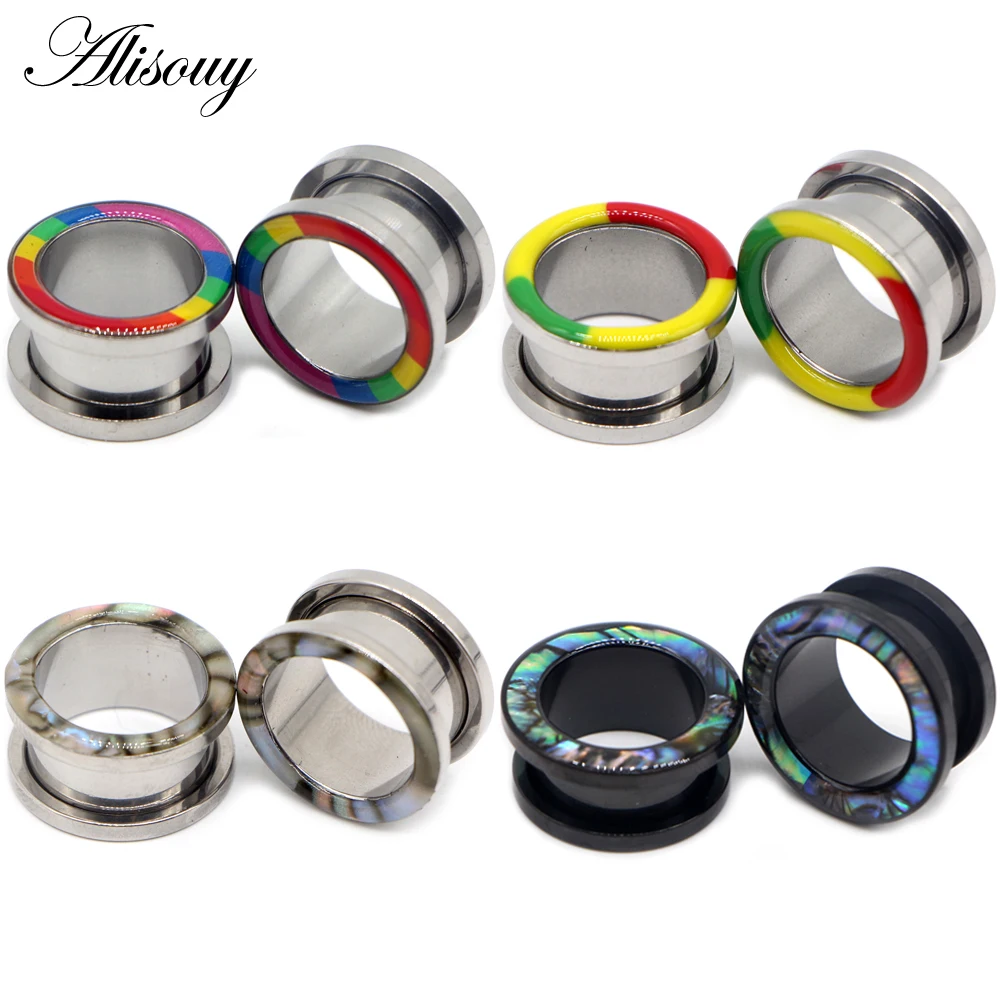 Alisouy-Jauge de perçage de bouchon de tunnel de chair, extenseur de bijoux de corps creux, acier générateur, arc-en-ciel, élection, coque xy, vis d'oreille, civière, 2 pièces