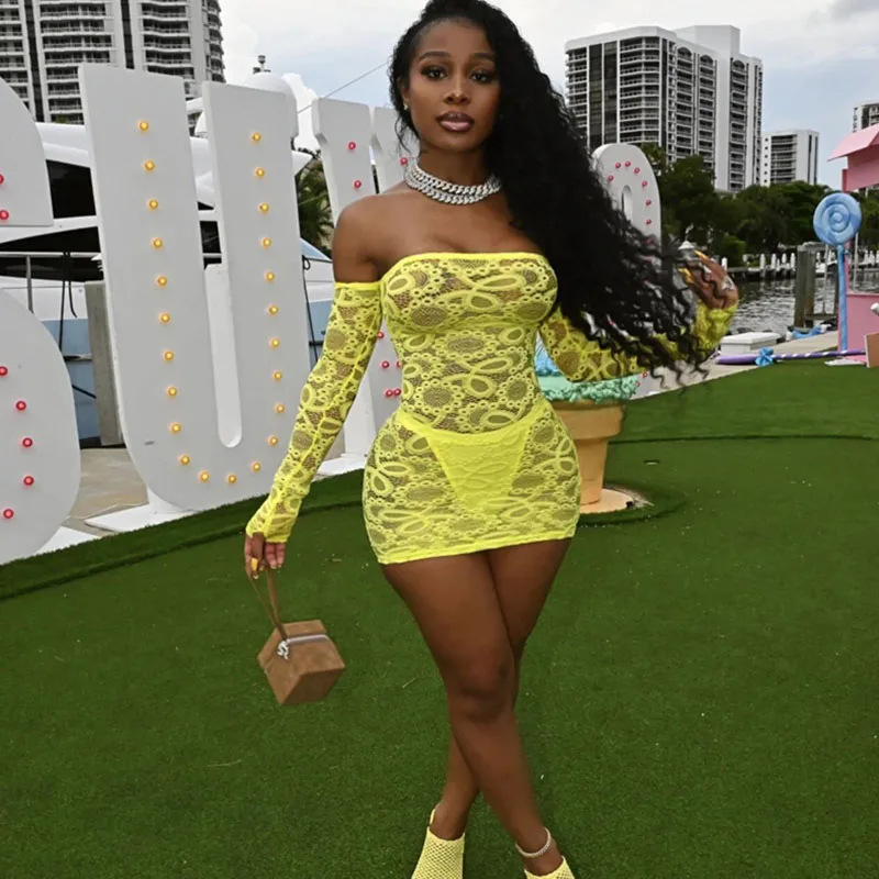 Sexy Sheer Mesh Bodycon Dress Birthday Party Club Outfits for Women Floral Lace Off Shoulder Strapless Long Sleeve Mini Dress