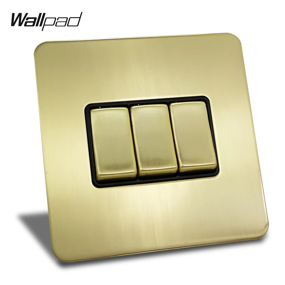 Wallpad Satin Gold 3 Gang 1 Way or 2 Way Electric Wall Light Rocker Switch Brushed Brass Stainless Steel Panel Metal Button