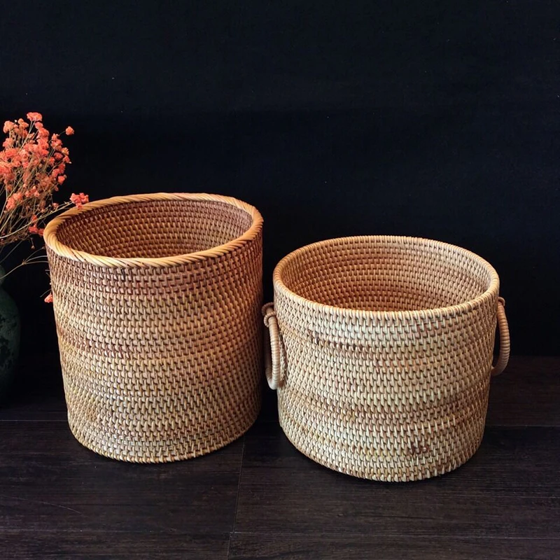 

Rattan Storage Basket Handwoven Rattan Bucket For Flowers Cylinder Storage Desktop Trash Can Baskets For Organizing