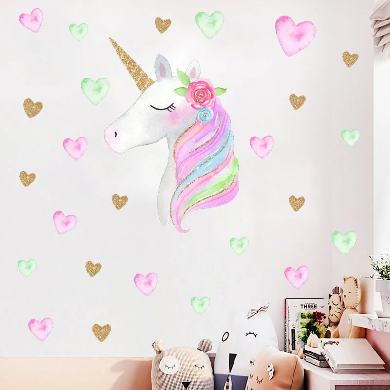 colorful unicorn heart wall sticker living room bedroom home decor wall stickers for kids rooms decoracion