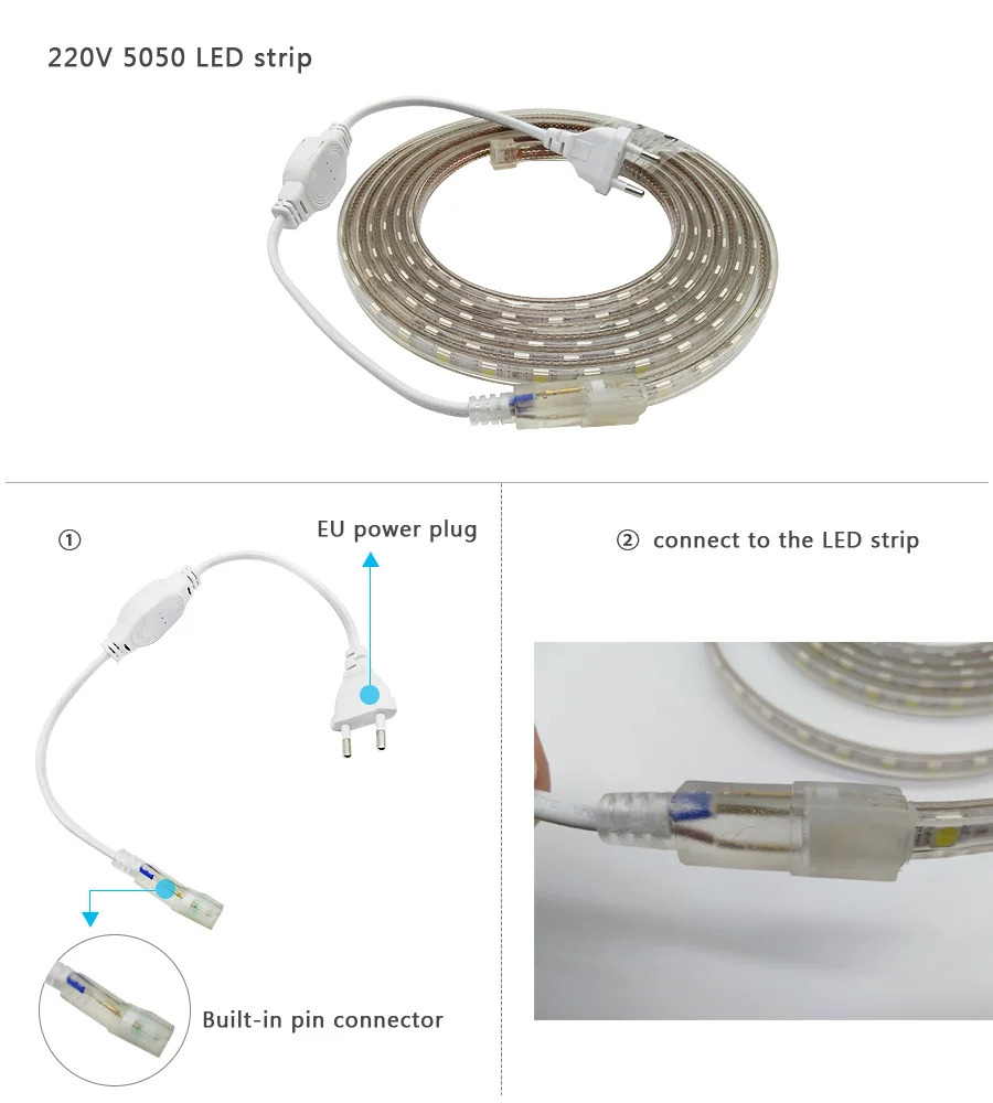 SMD 5050 AC220V LED Strip Flexible Light 60leds/m Waterproof Led Tape LED Light With Power Plug 1M/2M/3M/5M/6M/8M/9M/10M/15M/20M