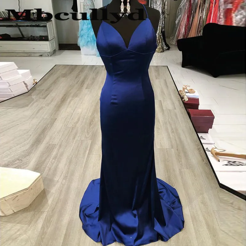 

Elegant Royal Blue Mermaid Prom Dress 2023 Long Sweep Train Robe De Soiree Elegant Spaghetti Strap Evening Dresses For Women