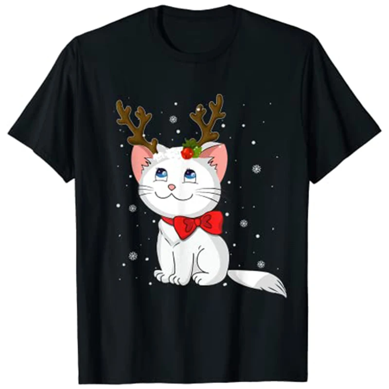 Christmas Cat Reindeer Antlers Gift for Men Women Boys Girls Holiday T-Shirt Family Matching Tee Tops