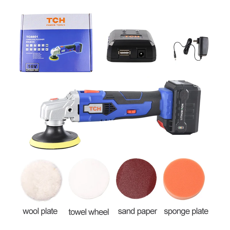 TCH 16V Lithium Battery Pportable Waxing Machine Cordless Car Polisher Cleaner Adjustable Speed Polishing Machine