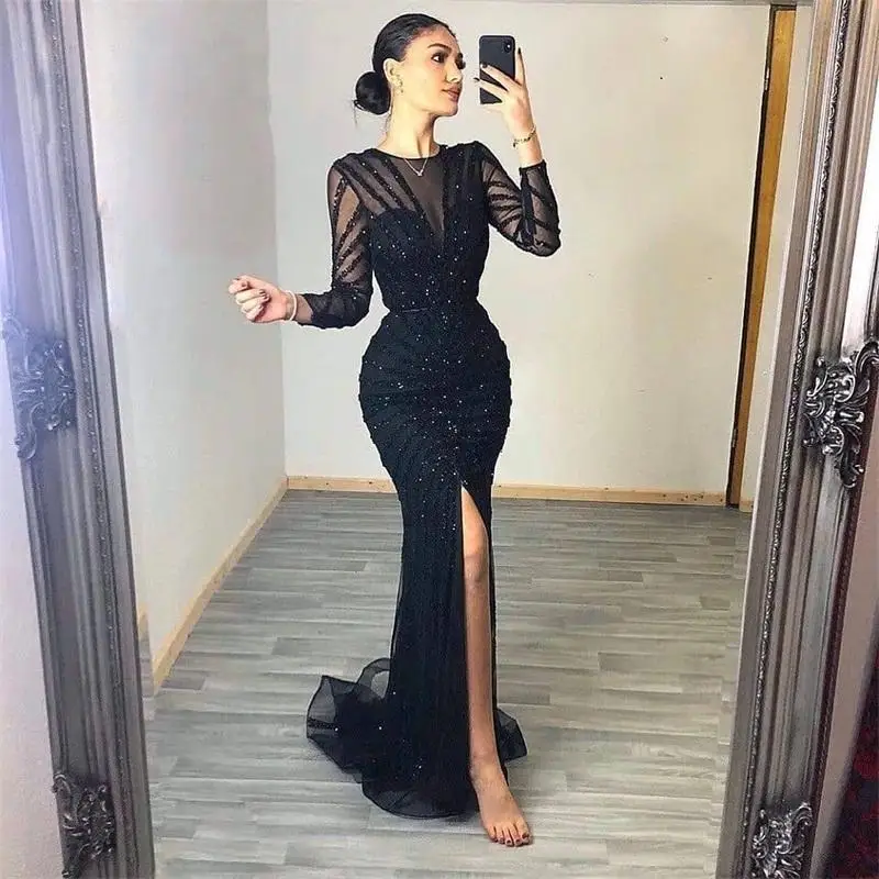 Robe de soirée noire vintage fendue sur le côté, sirène, col rond, manches longues, perles, paillettes, balayage, train, robe de soirée formelle