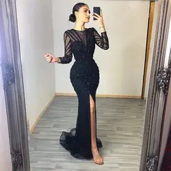 Vintage Black Side Split Mermaid Evening Dresses O Neck Long Sleeve Beading Sequined Sweep Train Formal Party Dress