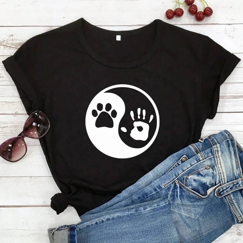 Yin Yang Palm And Paw Print T-shirt Funny 90s Dog Mom Gift Tshirt Aesthetic Women Short Sleeve Tumblr Graphic Top Dropshipping