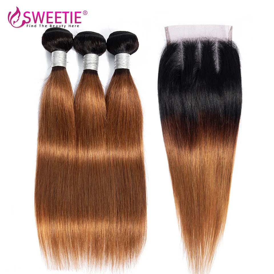 Sweetie Ombre Brown Bundles With Closure Brazilian Straight Human Hair Weave Bundles 1B/30 Remy Bundles With Lace Closure