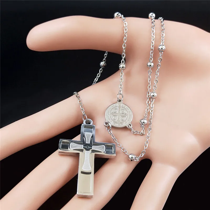 Cross Rosary Catholic Multilayer Necklace Saint Benedict Medal Beads Stainless Steel Silver Color Long Necklaces Jewelry N1172S0