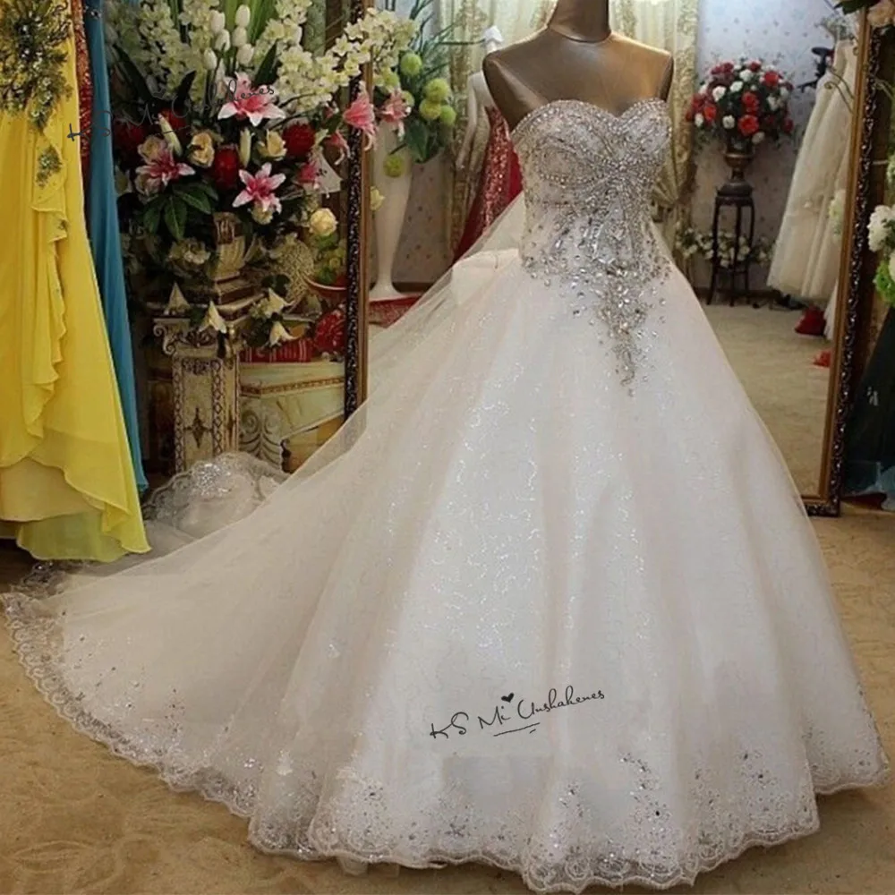 Arab Real Luxury Wedding Dress Crystals Robe de Mariage Long Train Bride Dresses 2020 Bow Bling Plus Size Trouwjurk