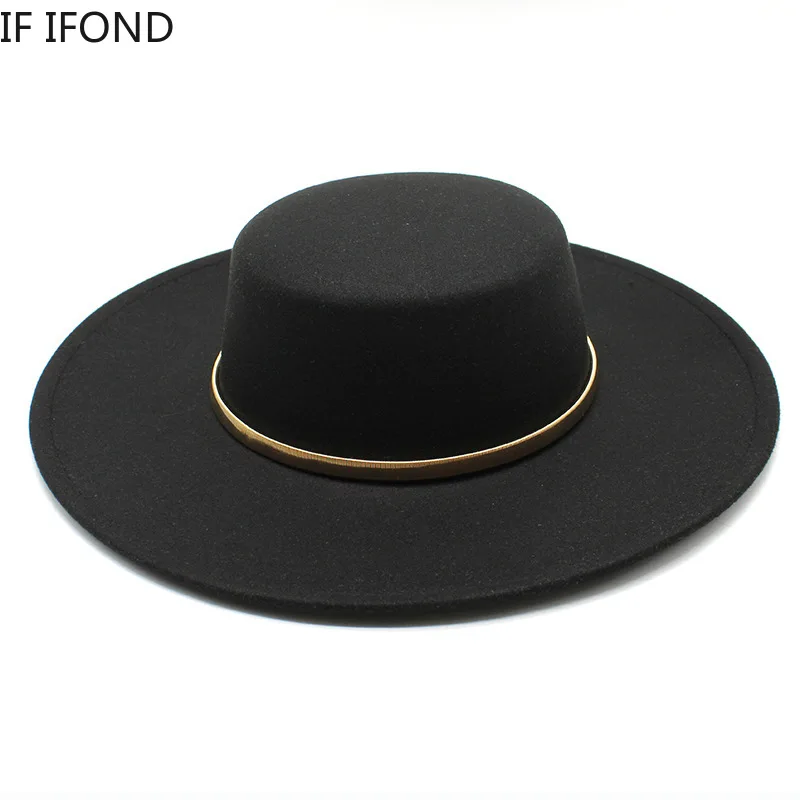 Cappello a cilindro Derby da chiesa nero a tesa larga con decorazioni a catena in metallo cappello fedora in feltro solido cappello da festa in lana cappello Jazz