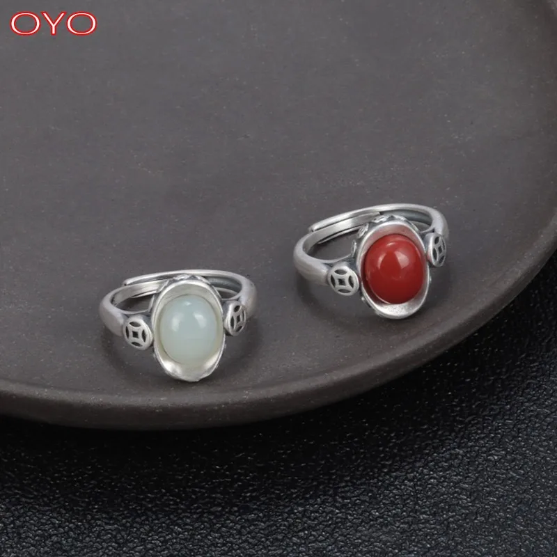 

Real S990 Pure Silver South Red Agate Hetian Jade Coin Ingot Ring Female