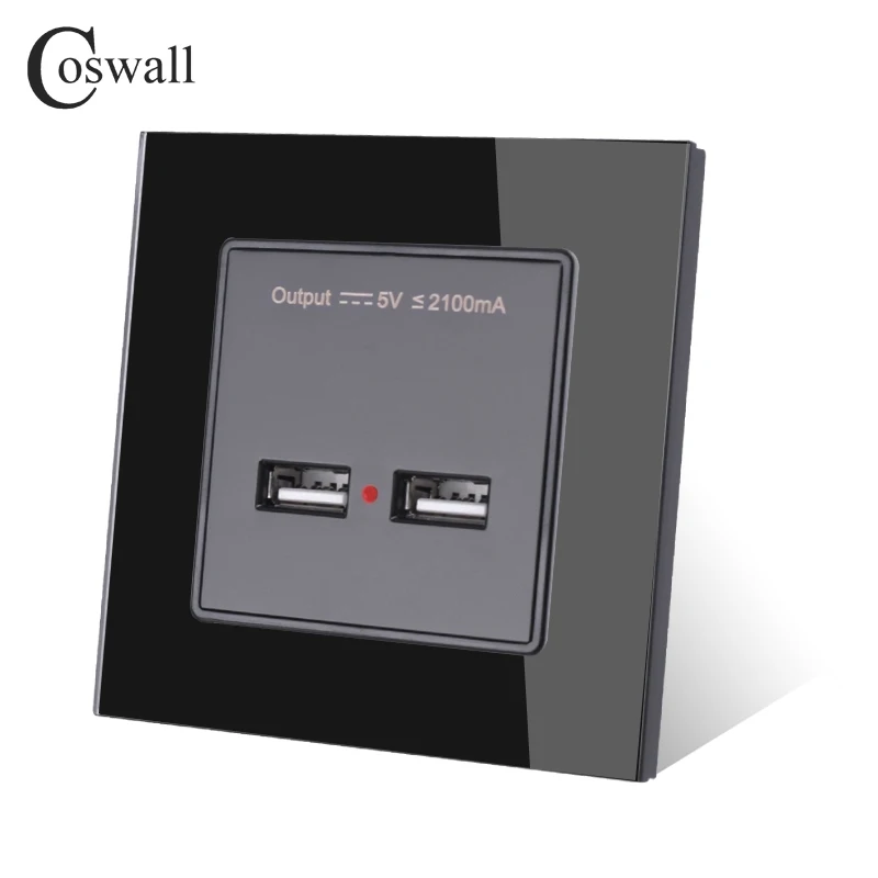 COSWALL Wall Power Socket Dual USB Smart Induction Charging Port For Mobile 5V 2.1A Output Crystal Tempered Glass Panel