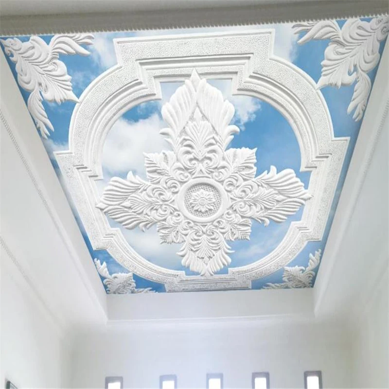 Custom wallpaper 3d hotel villa living room Hotel white European carved blue sky white clouds ceiling TV background wall 3D обои