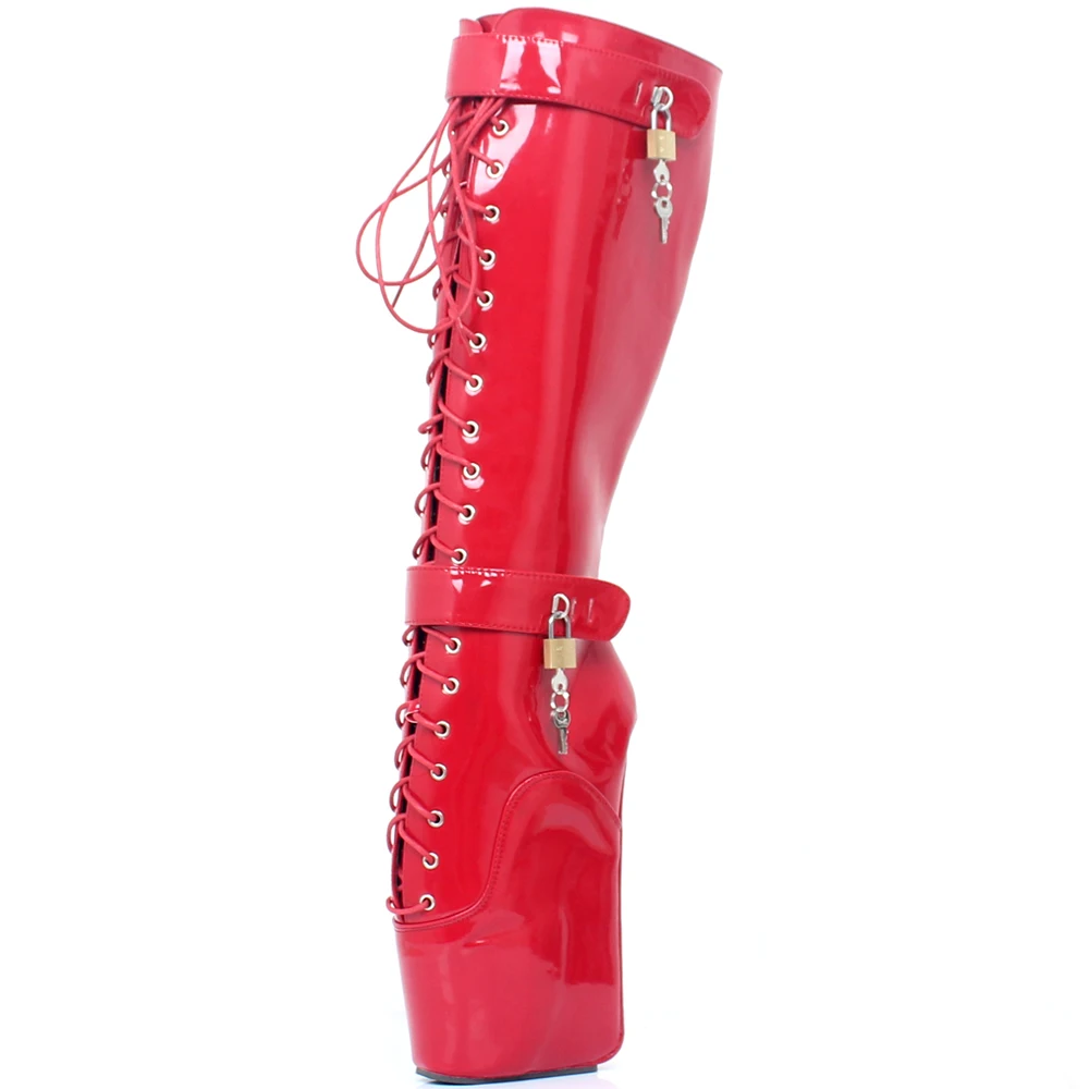 18cm Extreme High Heel Fetish Sexy Wedges Lace-up Buckle Heelless Ballet Boots unisex Lockable Knee-High Boots