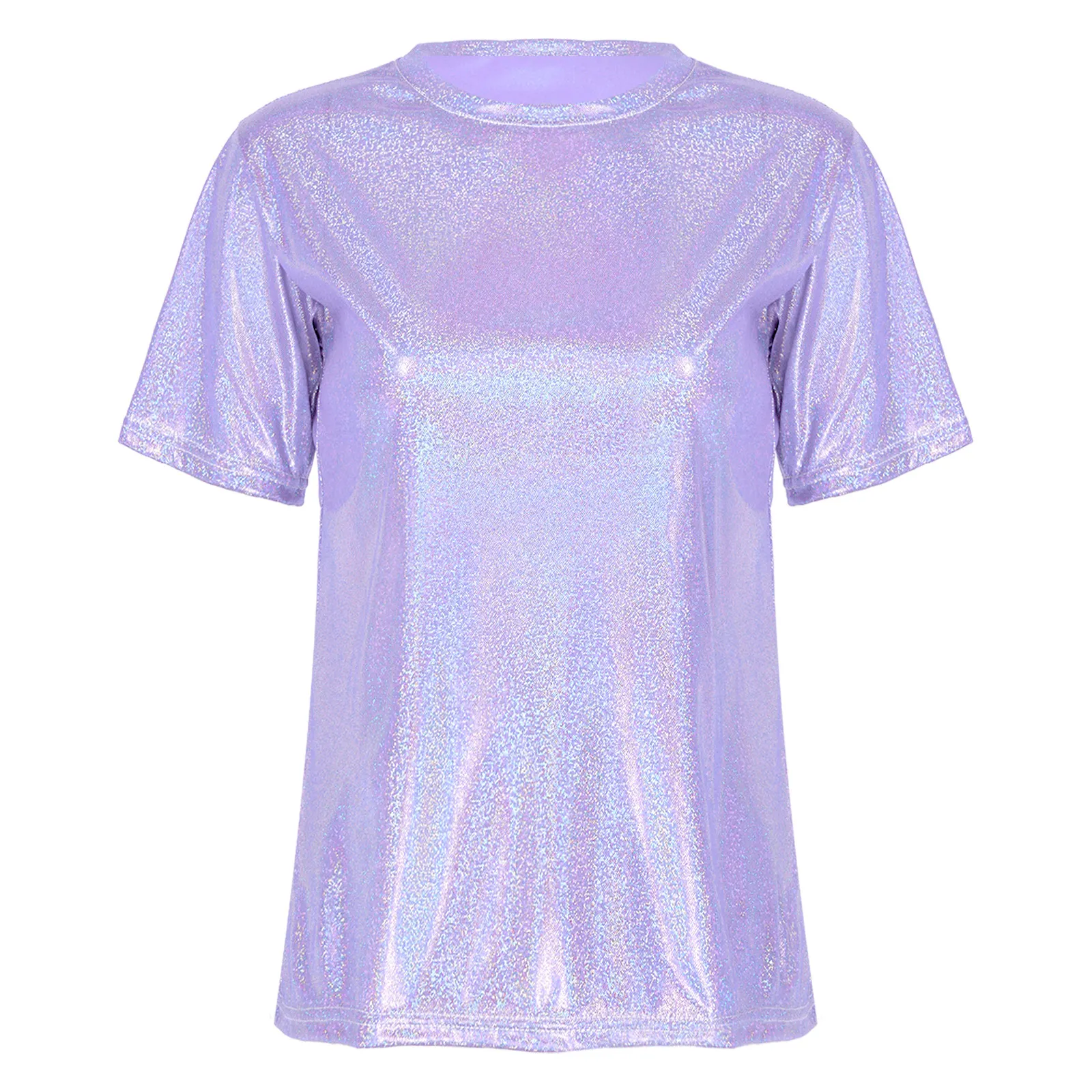 Womens Fashion Shiny Short Sleeve T-Shirt Casual Sparkling Round Neck Tops Pole Dance Costune Rave Party Clubwear