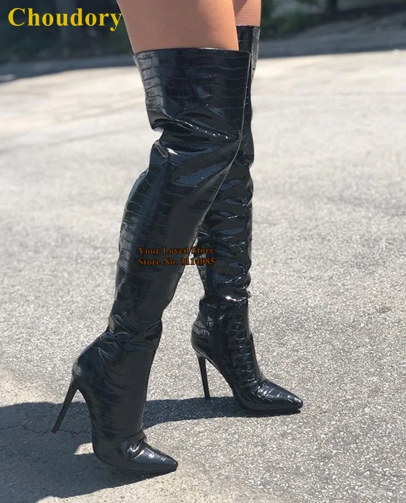 

Choudory Black Patent Leather Snakeskin Thigh High Boots Pointed Toe Over The Knee Dress Boots Fall Outdoor Dress Shoes Dropship