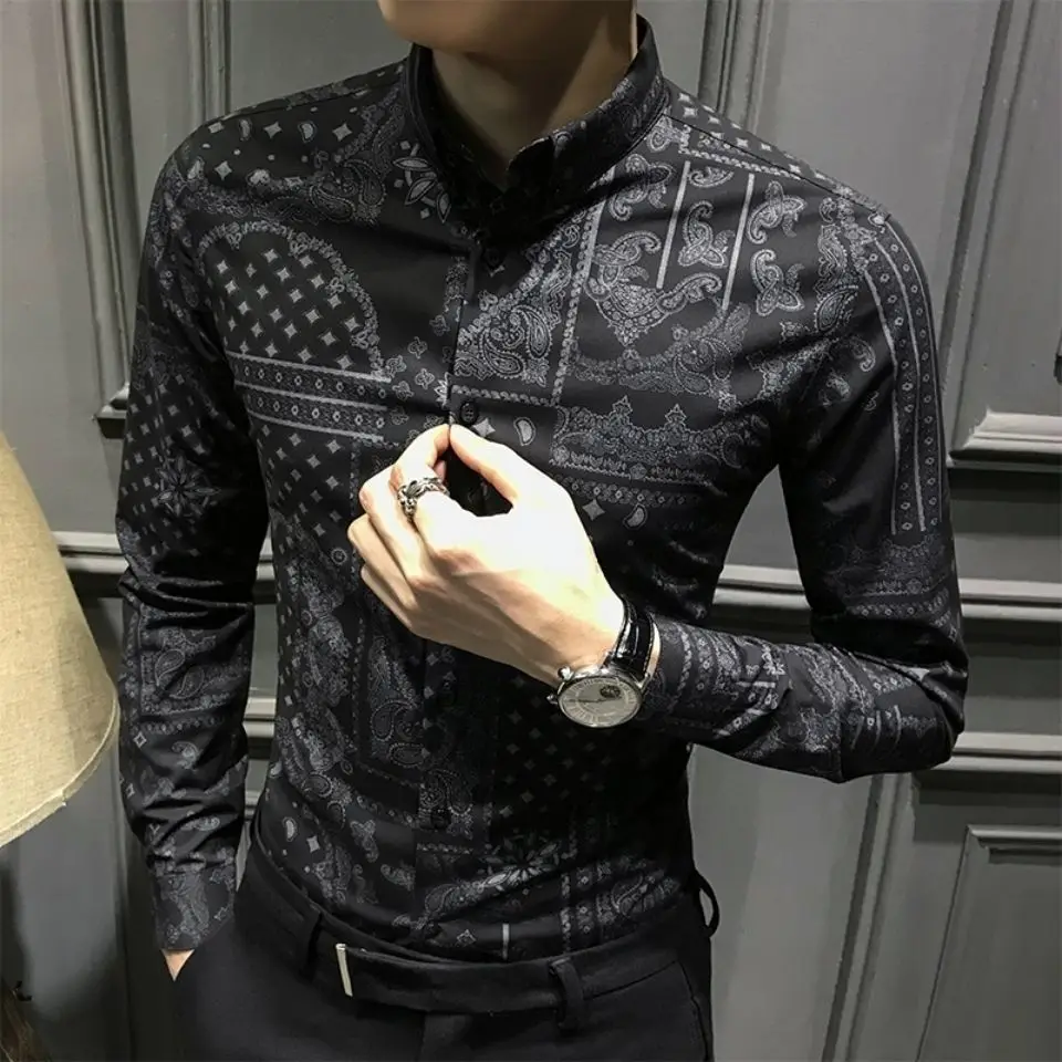 2024 autumn new men\'s handsome floral shirt Korean fashion personality long sleeve printed shirt casual slim jacket