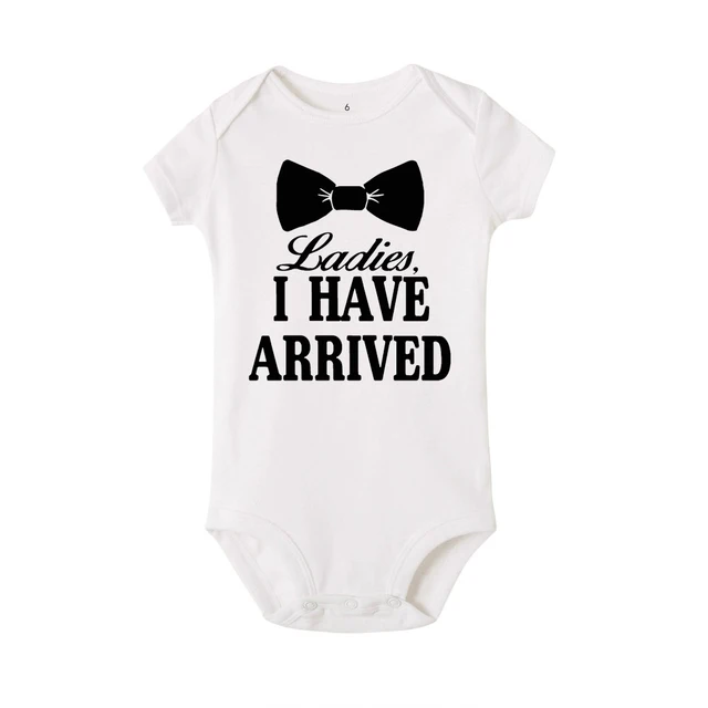 Ladies I Have Arrived Cravat Print Newborn Baby Boys Rompers Funny Announcement Bodysuits Short Sleeve Infant Jumpsuit Clothes