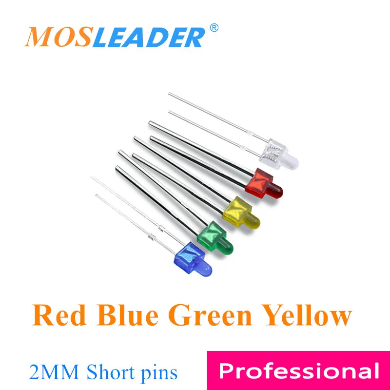 

Mosleader 1000PCS DIP LED 2MM Red Blue Green Yellow Short pins F2 Small Nipple led Light emitting diodes Transparent Color turn