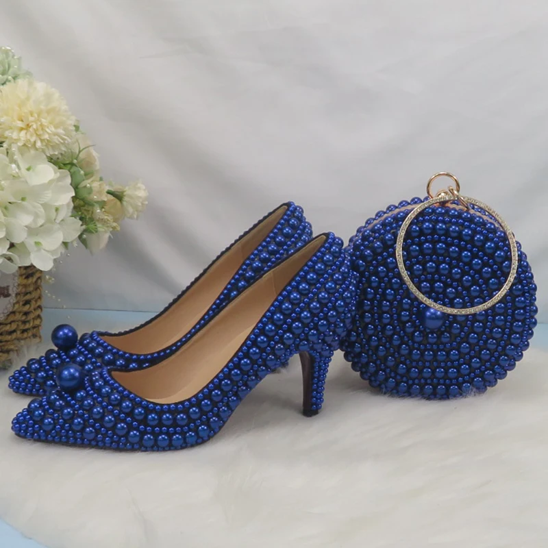 BaoYaFang Royal Blue Pearl women wedding shoes Bride High heels shoes ladies super big size party dress shoes woman Pointed Toe