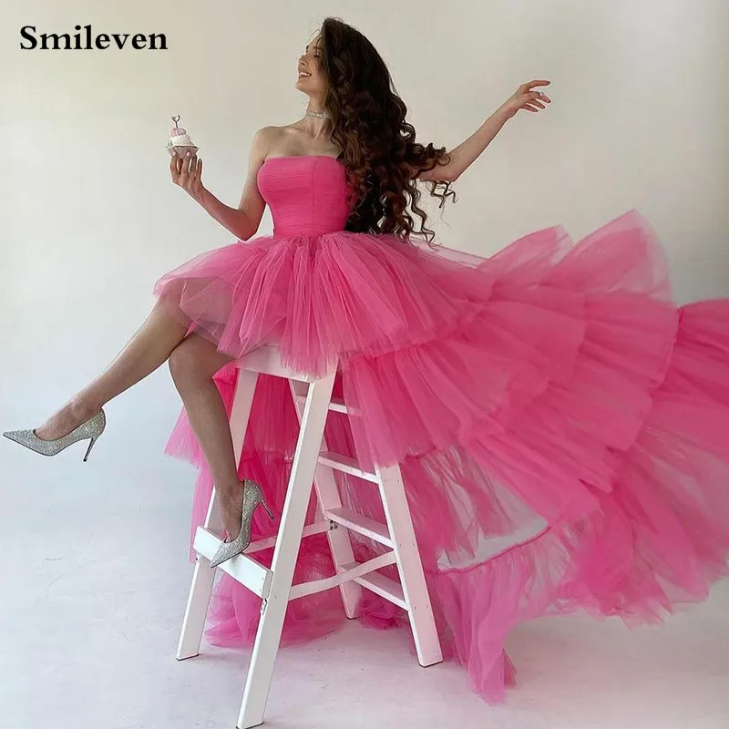 Smileven Pink Ruffles Tulle Prom Dress Strapless High Low Tiered Evening Party Dresses 2021 A Line Peats Special Occasion Gowns