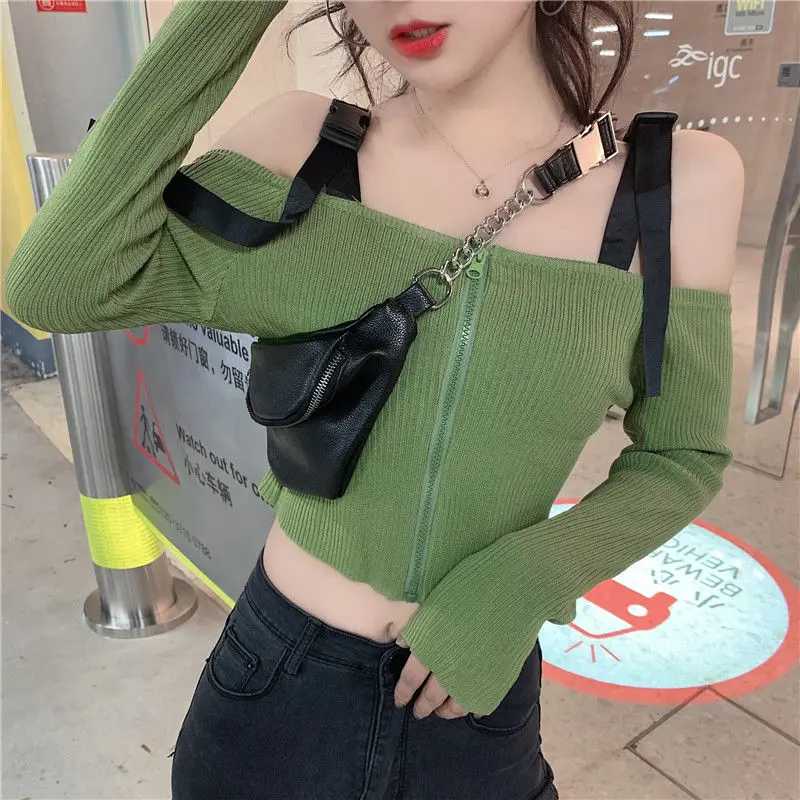 Woman Sweaters Femme Chandails Women's off-Shoulder Spaghetti Straps Zipper Short Sweater Top Pull Hiver