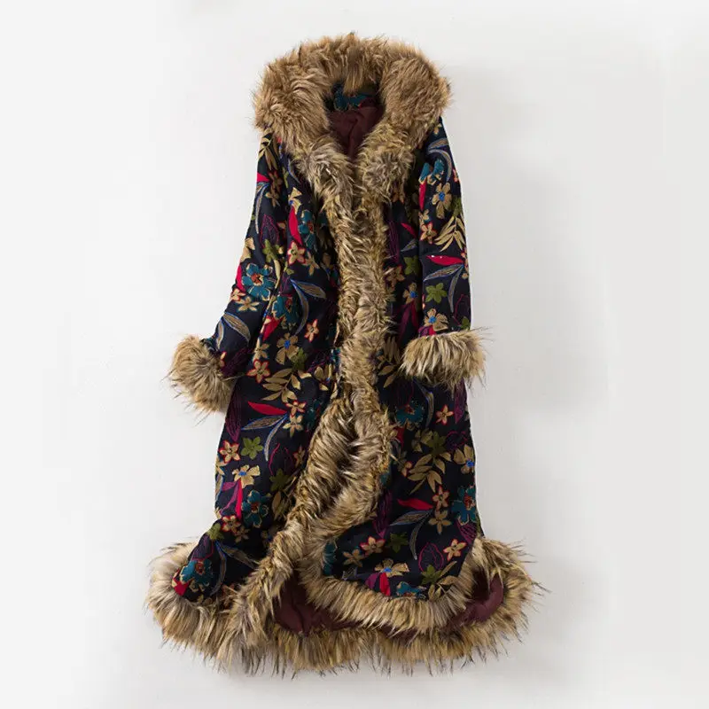 Women's Vintage Oversized Winter Coat Hooded Long Parka with Fur Collar, Thermal Cotton-Padded Jacket Boho Folk Style Outerwear