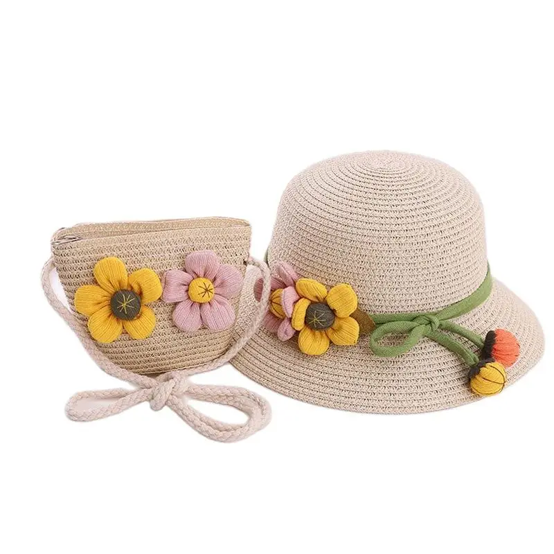 

Korean Two Flowers Pumpkin Parent-Child Sun Hat Bag Set Spring Summer Brand Beach Kid Straw Hats For Women Girl Wide Brim Cap