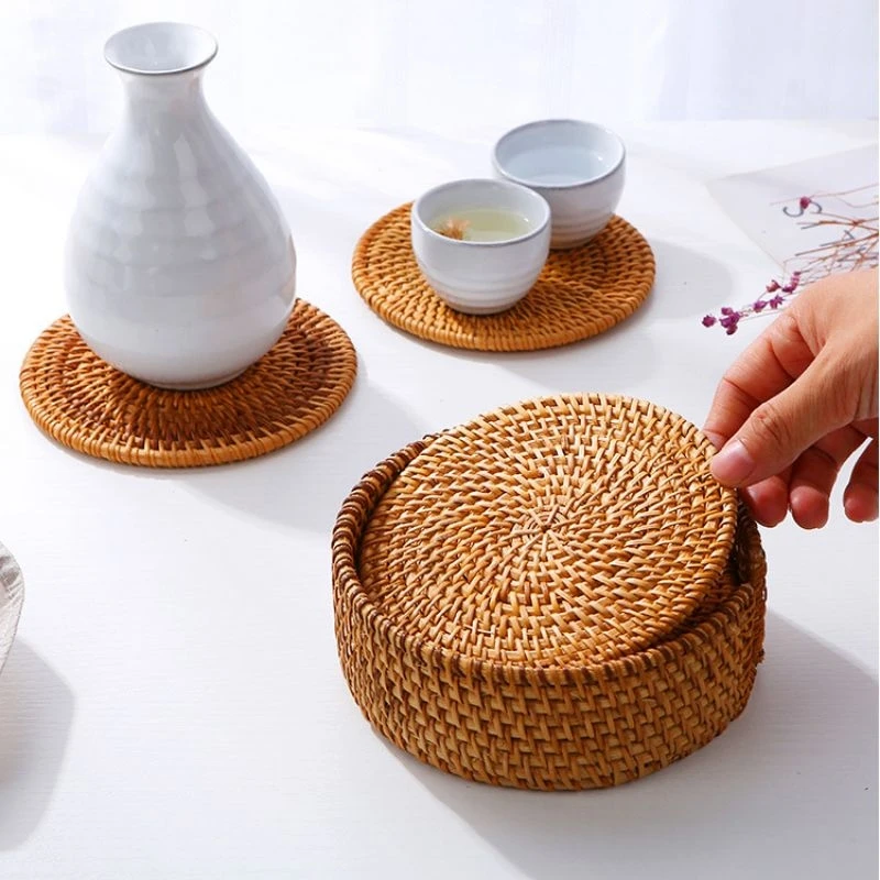 Natural Cup Mat With Storage Box Hand Woven Placemat Braided Mat Heat Resistant Natural Rattan Hot Insulation Anti-Skidding Pad