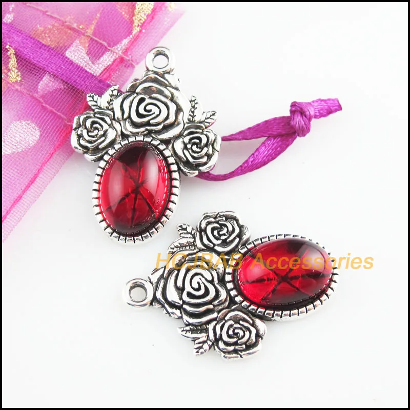 6Pcs Tibetan Silver Tone Ellipse Red Glaze Charms Rose Flower Pendants 23x32mm