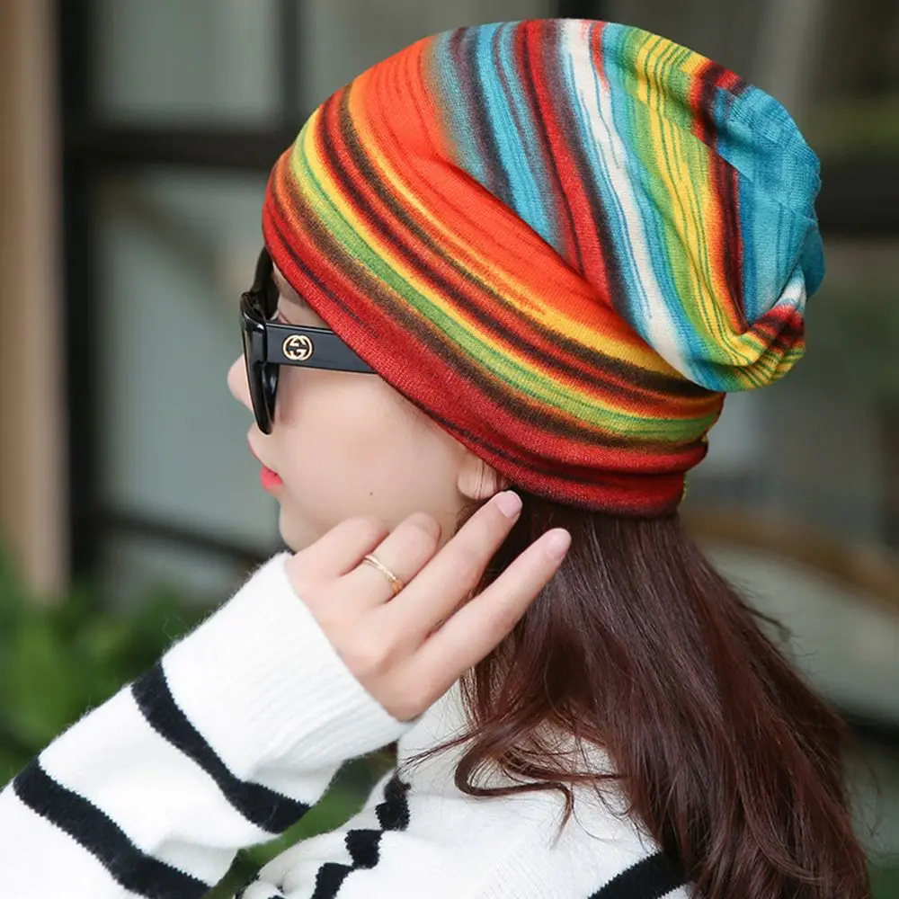 

Autumn And Winter Hedging cap Multifunction Turban hat Casual Stripe Print Hat