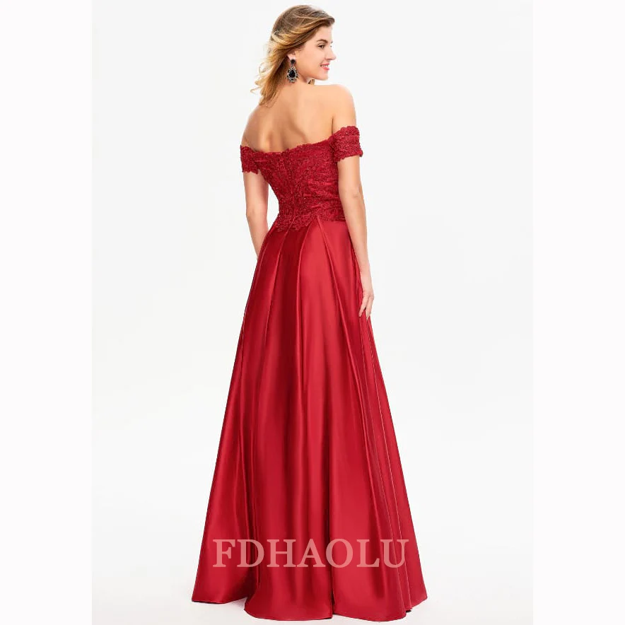 FDHAOLU AE130 A Line Satin scollo A v Applique abiti da sera donna Lady Custom Prom Party Gown Girls Pageant compleanno natale