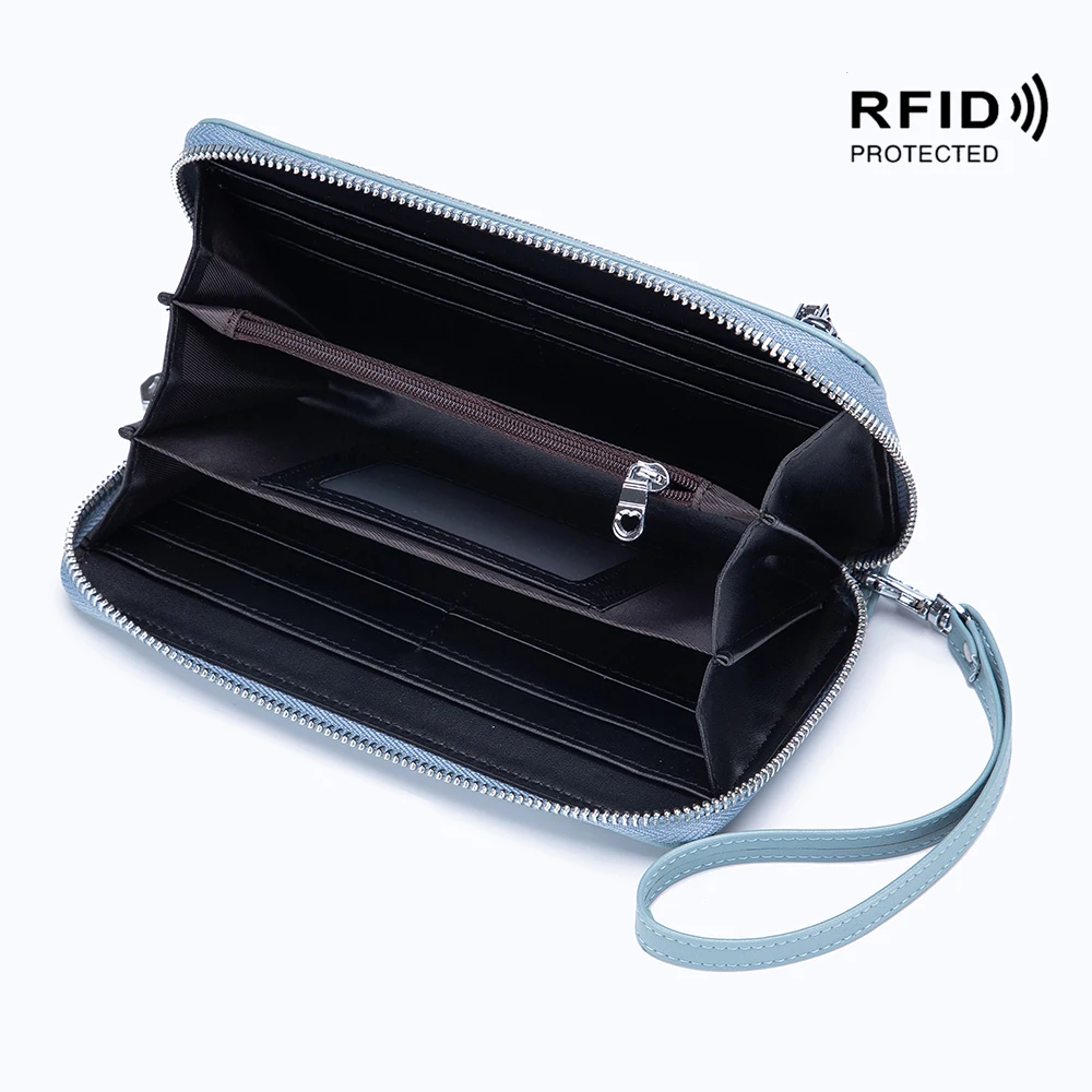 Genuine Leather Wallet RFID Blocking Unisex Business Clutch Wallet Large Capacity Organizer Purse Phone Passport Pouch Wrist Bag