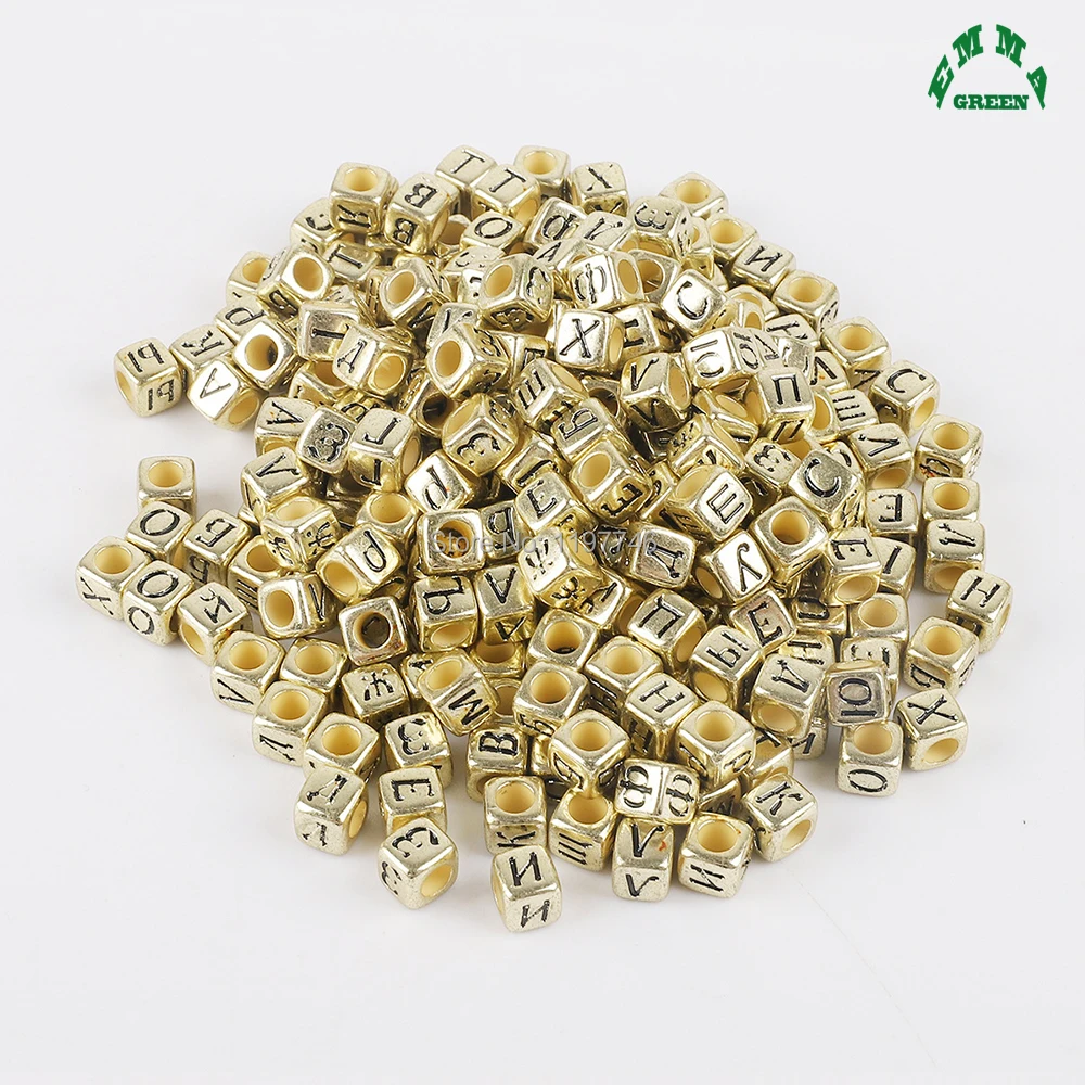 Golden Cube Russian Letter Beads for Jewelry Making 6mm 3000pcs Vintage Russia Bead with Letters Acrylic Square Loose Charm Bead