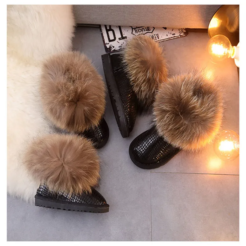 Classic Fox Fur 2023 Boots For Girls Boys Snow Boots Genuine Leather Winter Warm Children\'s Shoes Plush Fur Botas Kids Zapatos