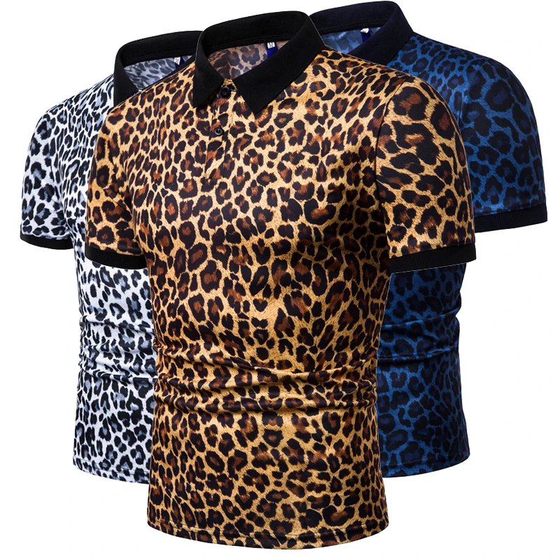 Fashion New Summer Casual T Shirt Men Short Sleeve Turn Down Collar Slim Fit Shirt Sexy leopard print polo shirt