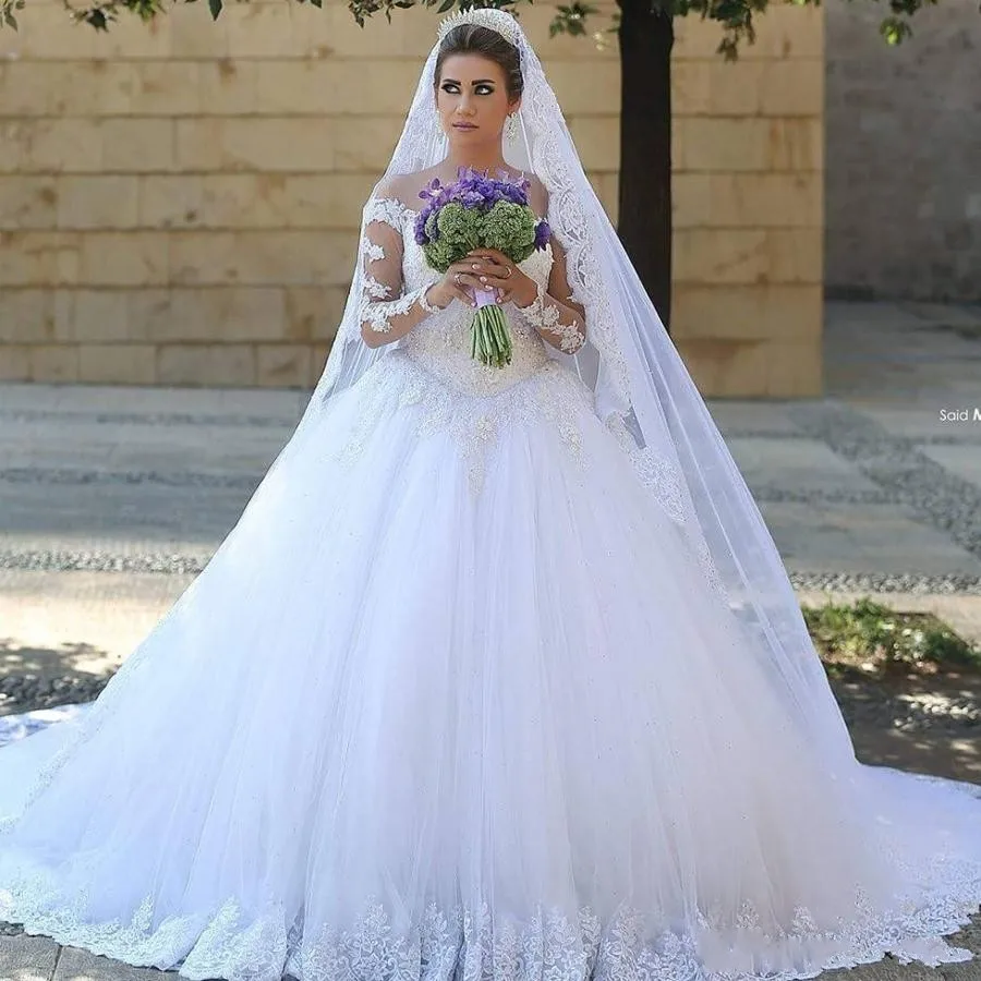 Vestidos De novia De manga larga De encaje clásico, ropa De novia con escote De ilusión blanca, traje De boda De princesa hecho a medida, 2023