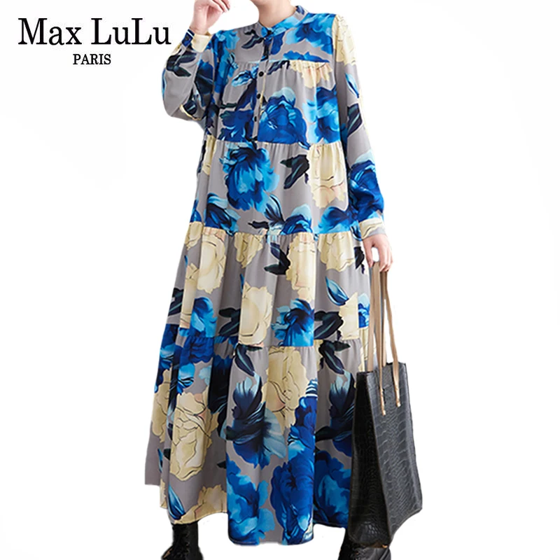 Max LuLu New 2022 Spring Women Print Design Floral Loose Dresses European Style Ladies Casual Vintage Long Vestidos Button Derss